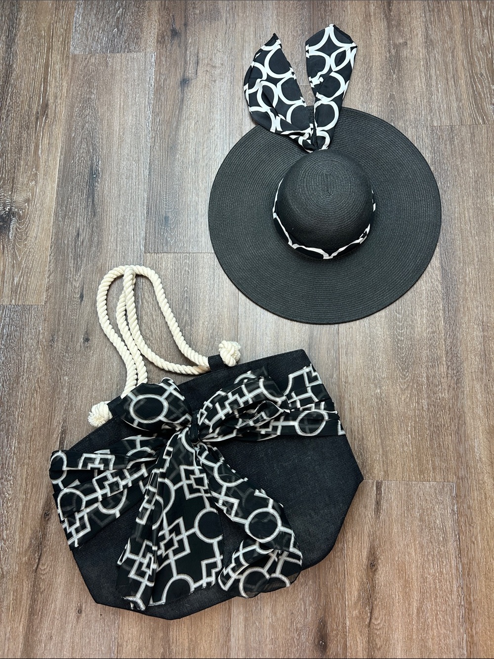 Mud Pie Black Straw Sun Hat with Black & White Geometric Scarf